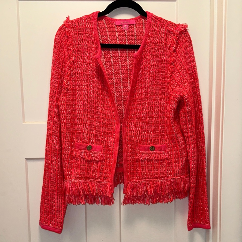 NWT Lilly Pulitzer Bright Pink Simora Fringe Knit Jacket